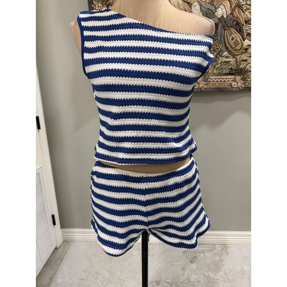 SHEIN Two Piece Set Womens Medium Blue Striped Crochet‎ One Shoulder Tank Shorts